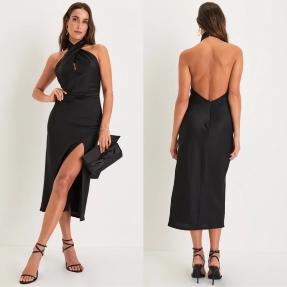 Beyond Classy Black Satin Halter Midi Dress - Picture 1 of 16